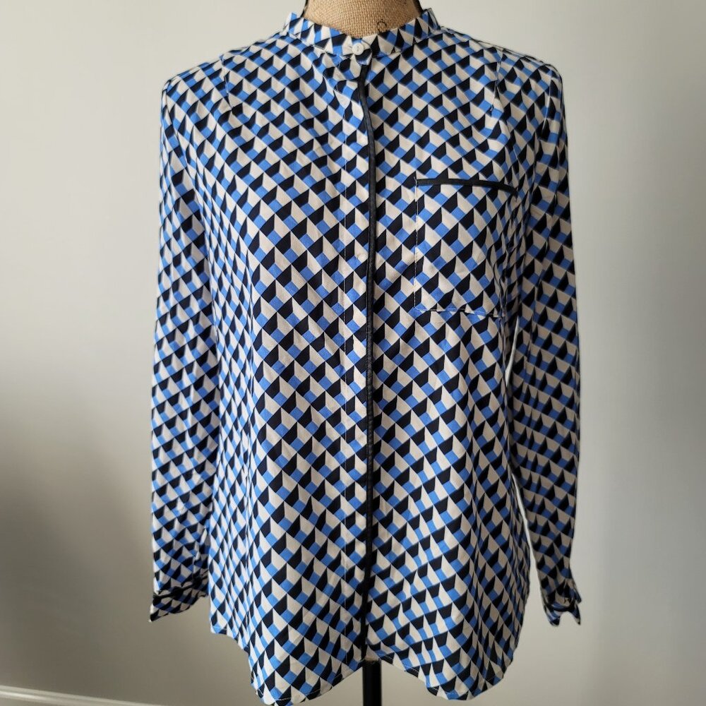 ***Worthington Geometric Long Sleeved Top Blouse Semi Sheer Black/Grey/Blue***